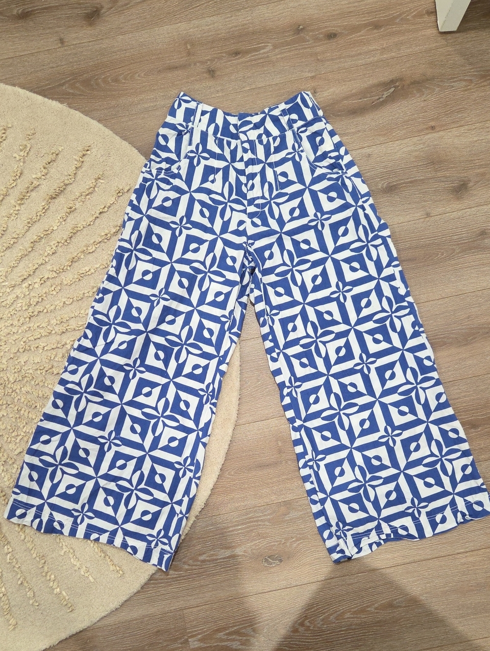 Free People Blue and White Wide Leg Patterned Pants